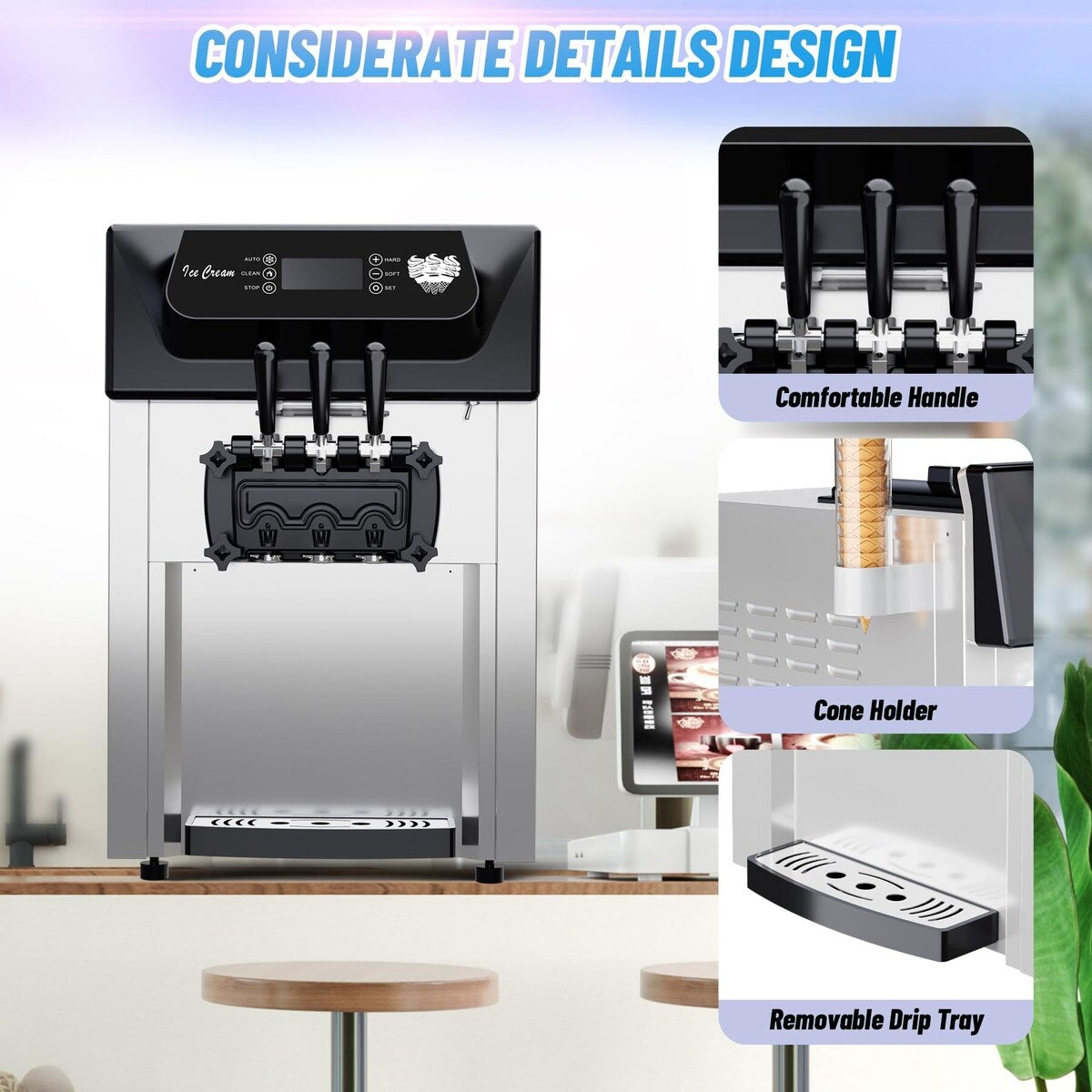 2200W Commercial Ice Cream Machine, 2+1 Flavors Soft Serve Ice Cream Maker