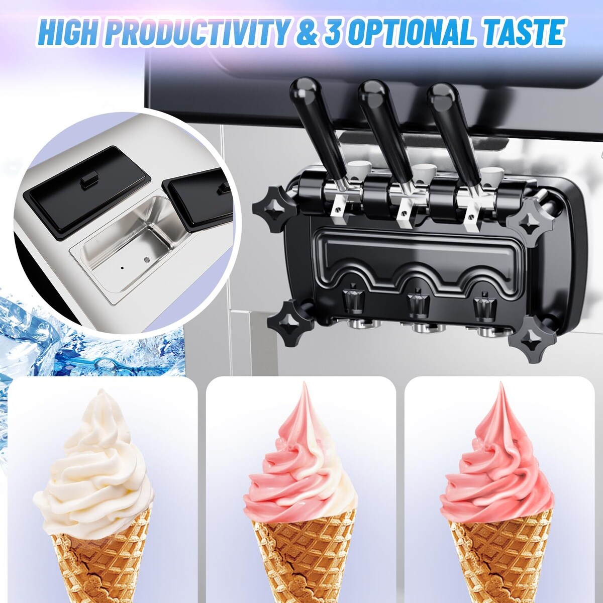 2200W Commercial Ice Cream Machine, 2+1 Flavors Soft Serve Ice Cream Maker