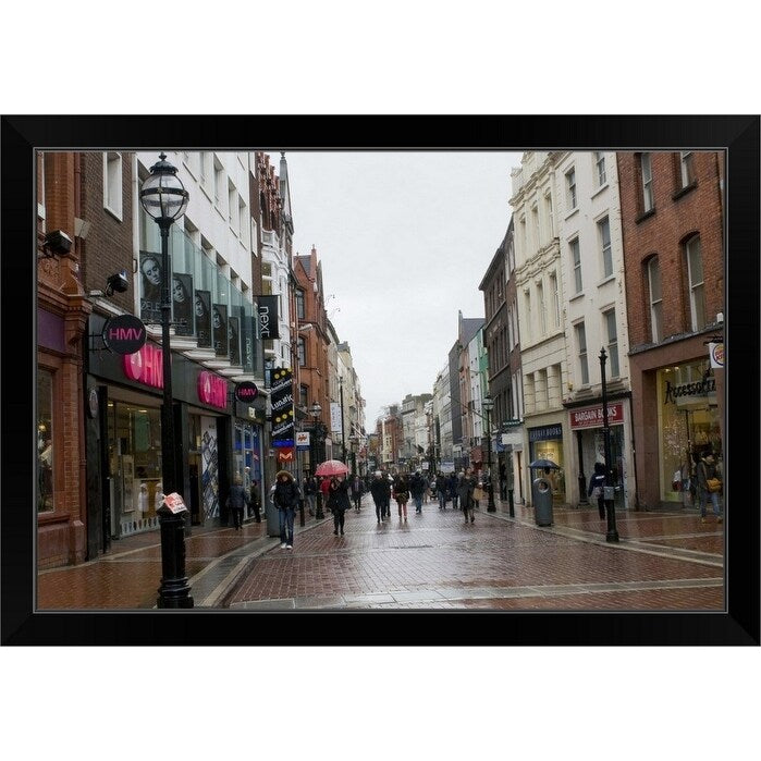"A rainy day on Grafton Street, Ireland" Black Framed Print