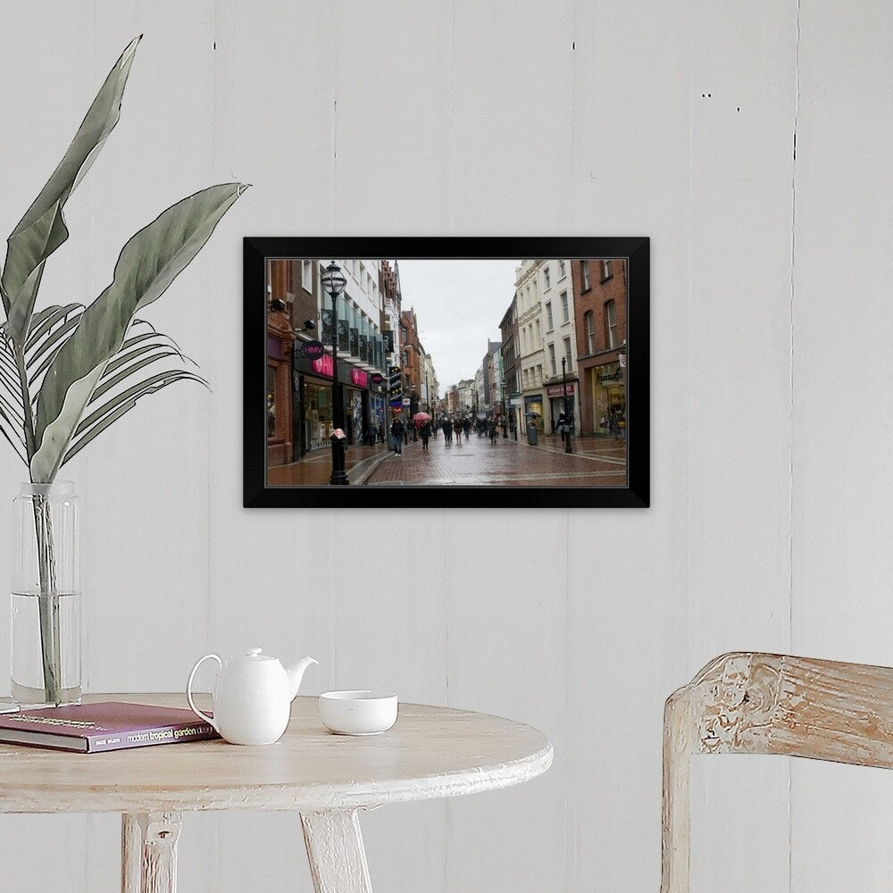 "A rainy day on Grafton Street, Ireland" Black Framed Print