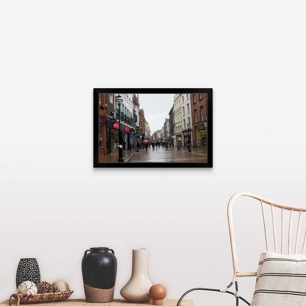 "A rainy day on Grafton Street, Ireland" Black Framed Print