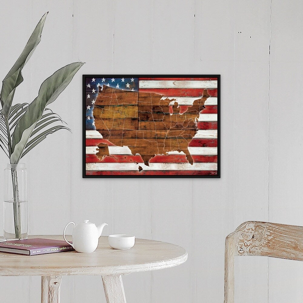 "American Flag USA Map" Black Float Frame Canvas Art