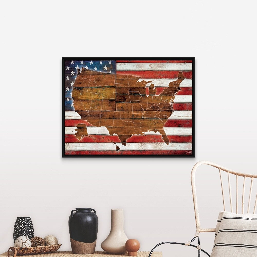 "American Flag USA Map" Black Float Frame Canvas Art