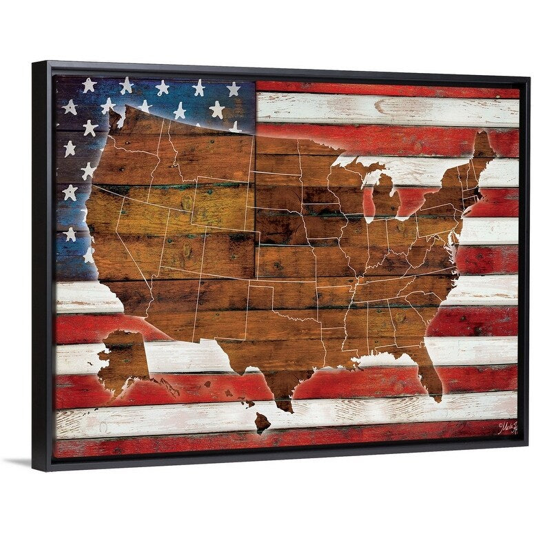 "American Flag USA Map" Black Float Frame Canvas Art