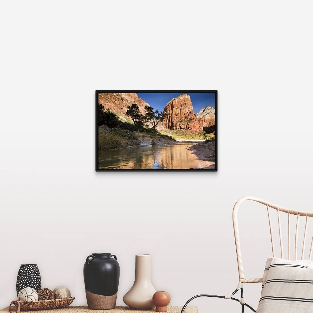 "Angels Landing reflected in the waters of the Virgin River, Utah" Black Float Frame Canvas Art