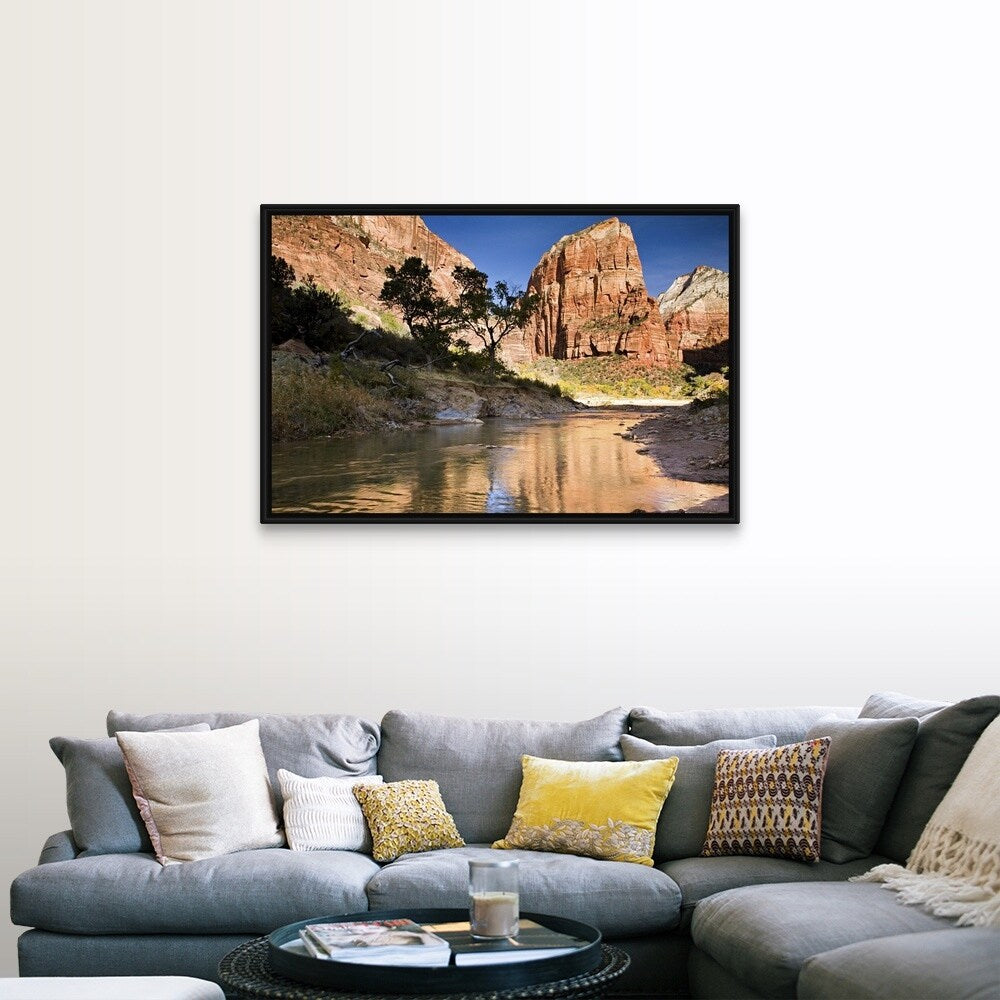 "Angels Landing reflected in the waters of the Virgin River, Utah" Black Float Frame Canvas Art