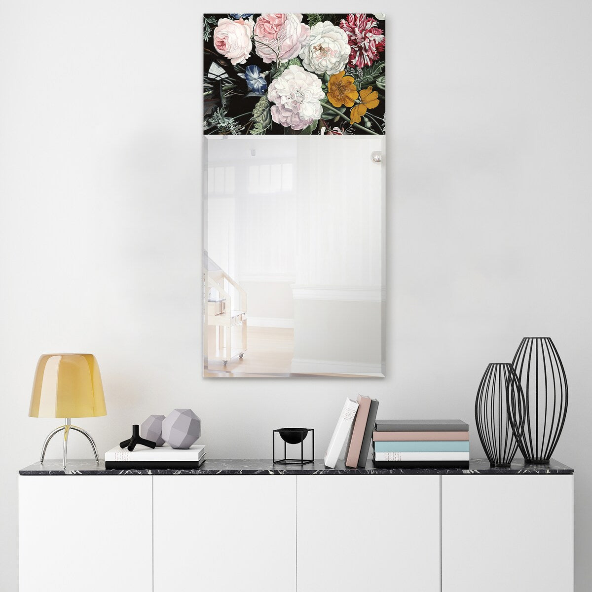 "B- Bouquet" Rectangular Beveled Mirror on Free Floating Printed Tempered Art Glass - Clear - 24 x 48