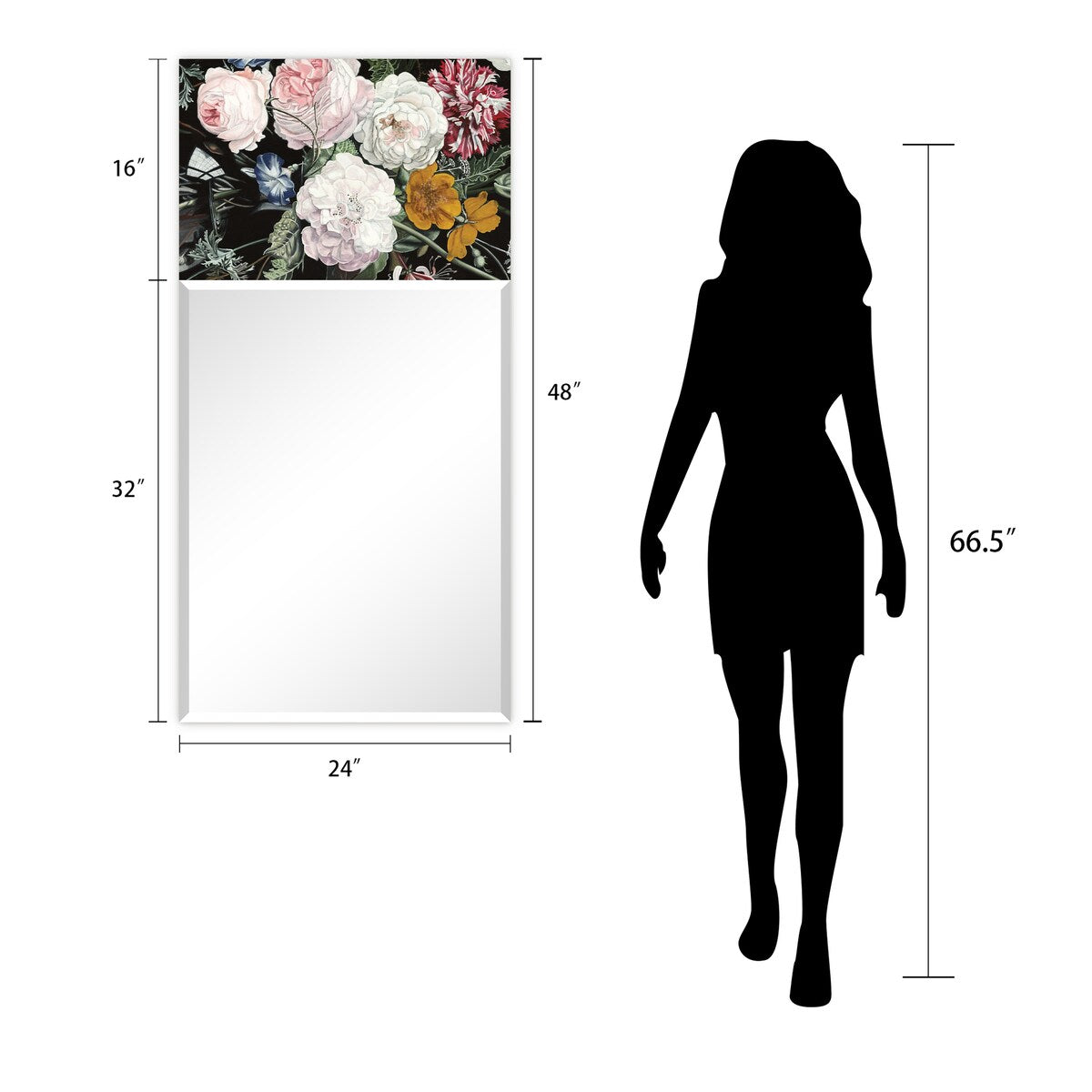 "B- Bouquet" Rectangular Beveled Mirror on Free Floating Printed Tempered Art Glass - Clear - 24 x 48