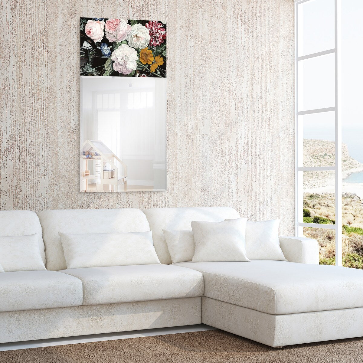 "B- Bouquet" Rectangular Beveled Mirror on Free Floating Printed Tempered Art Glass - Clear - 24 x 48
