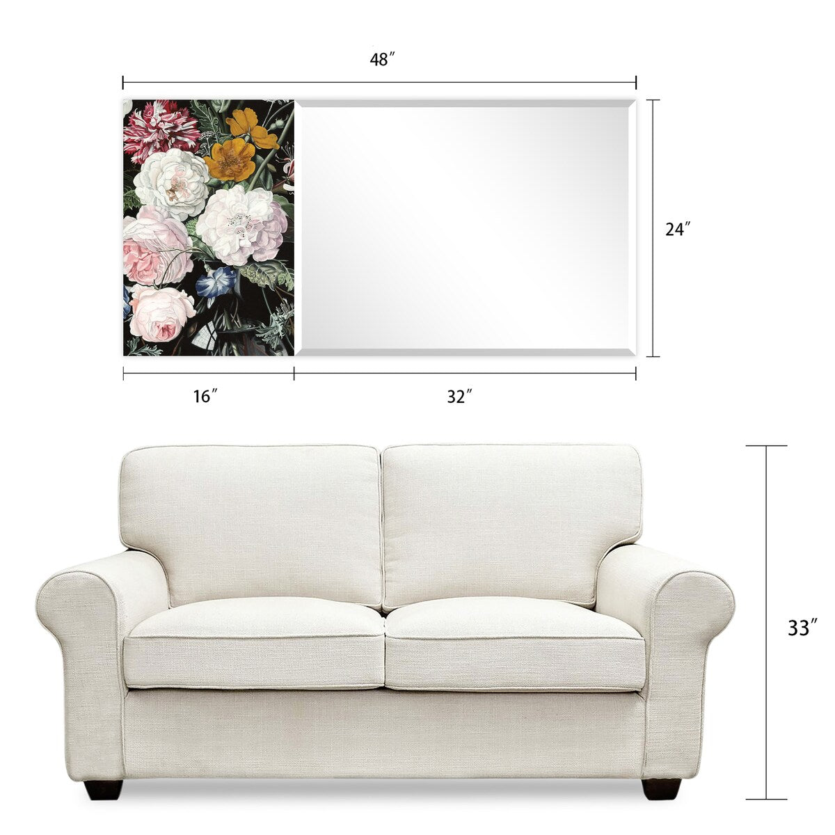 "B- Bouquet" Rectangular Beveled Mirror on Free Floating Printed Tempered Art Glass - Clear - 24 x 48