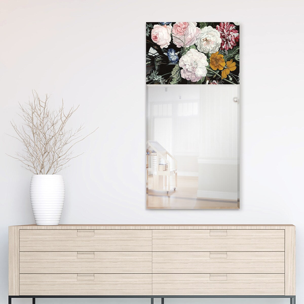 "B- Bouquet" Rectangular Beveled Mirror on Free Floating Printed Tempered Art Glass - Clear - 24 x 48