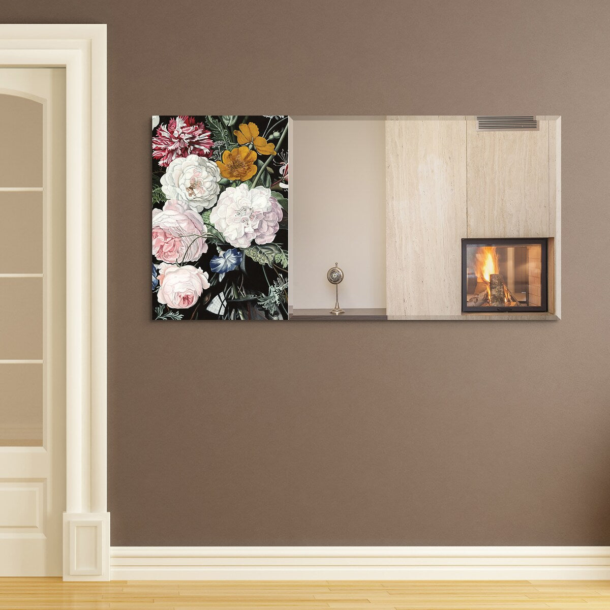 "B- Bouquet" Rectangular Beveled Mirror on Free Floating Printed Tempered Art Glass - Clear - 24 x 48