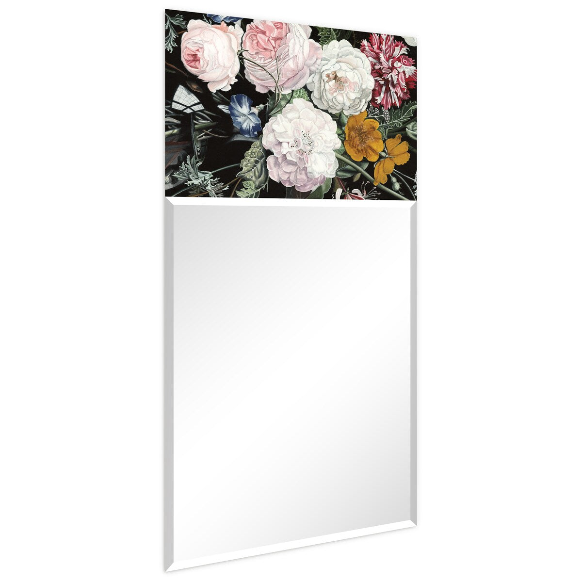 "B- Bouquet" Rectangular Beveled Mirror on Free Floating Printed Tempered Art Glass - Clear - 24 x 48