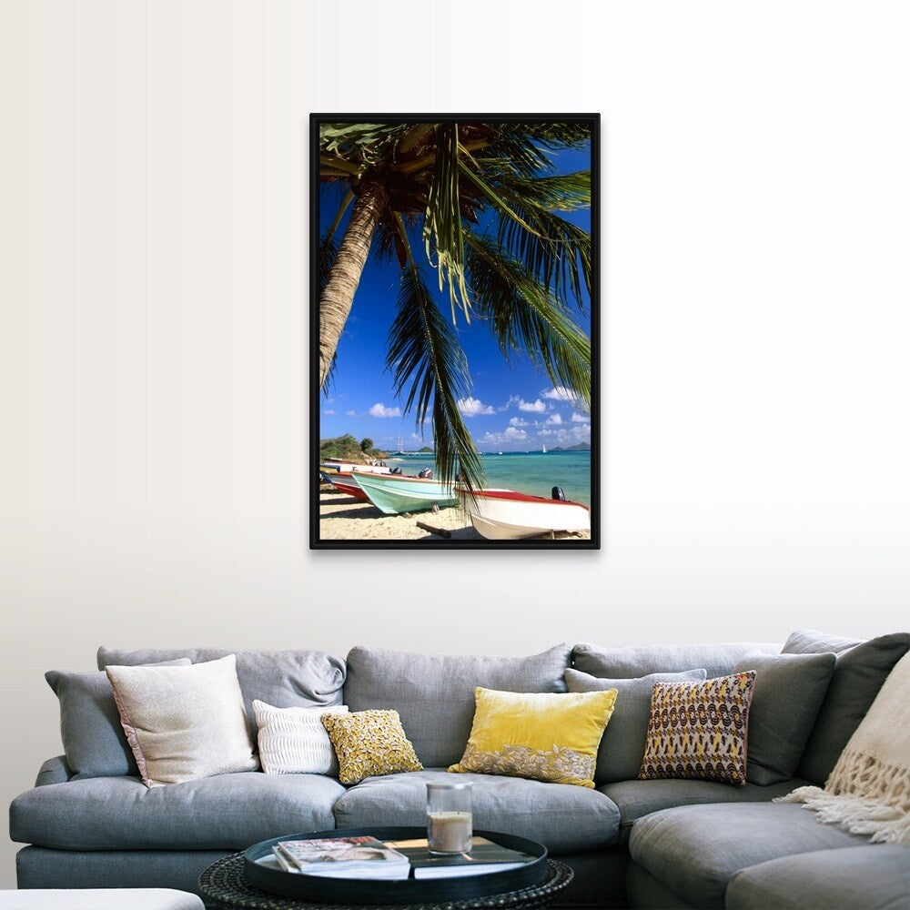"Beached fishing boats on tropical beach" Black Float Frame Canvas Art