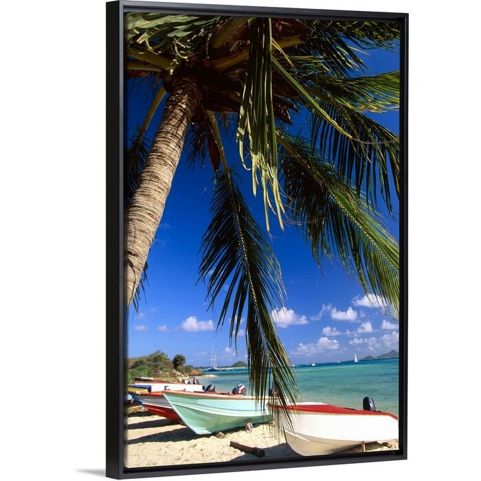"Beached fishing boats on tropical beach" Black Float Frame Canvas Art