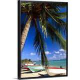 "Beached fishing boats on tropical beach" Black Float Frame Canvas Art