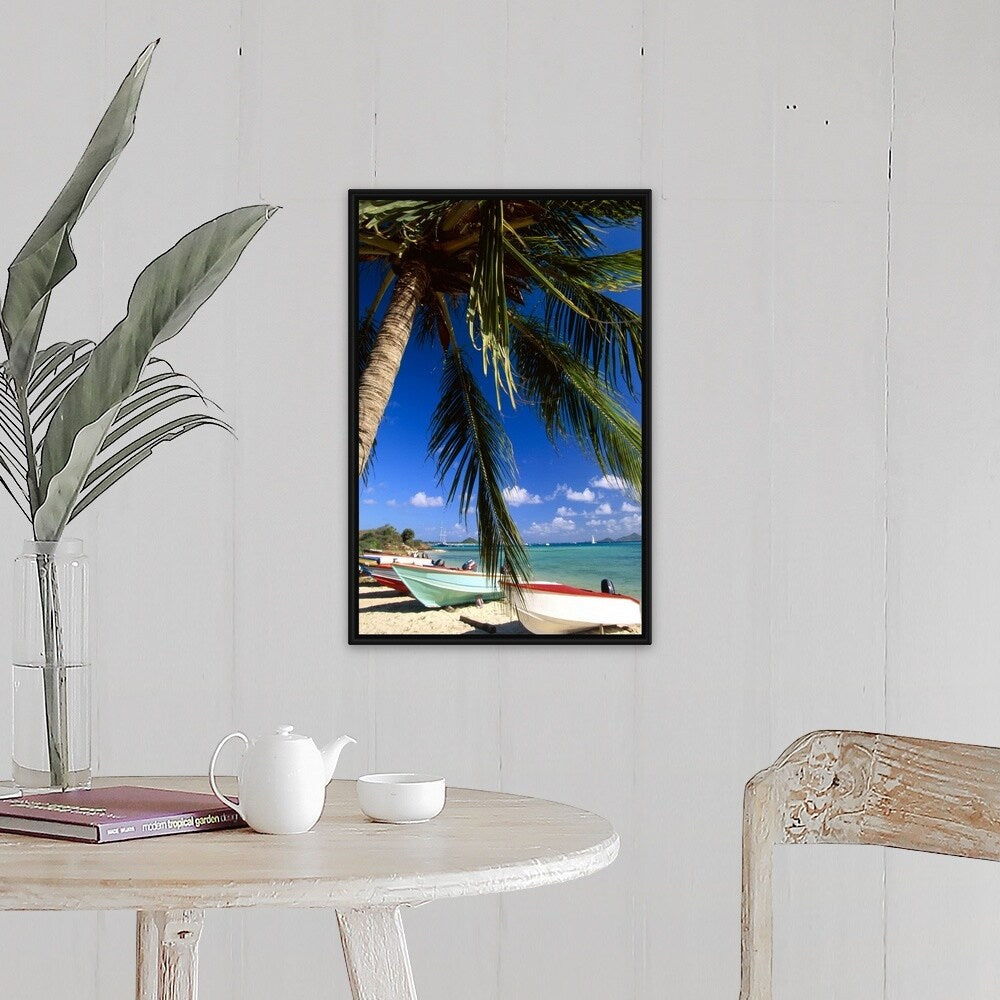 "Beached fishing boats on tropical beach" Black Float Frame Canvas Art