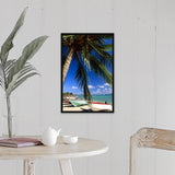 "Beached fishing boats on tropical beach" Black Float Frame Canvas Art