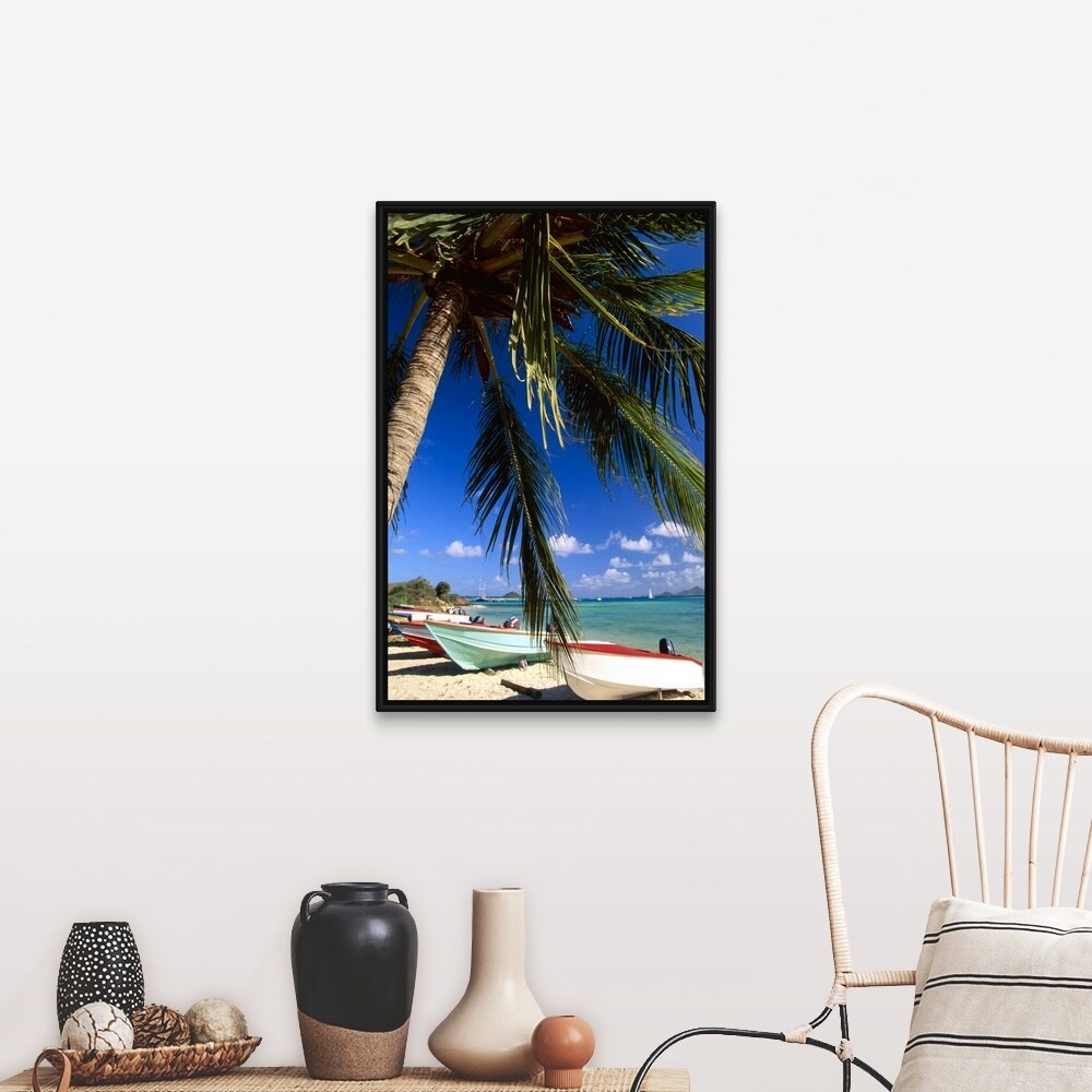 "Beached fishing boats on tropical beach" Black Float Frame Canvas Art
