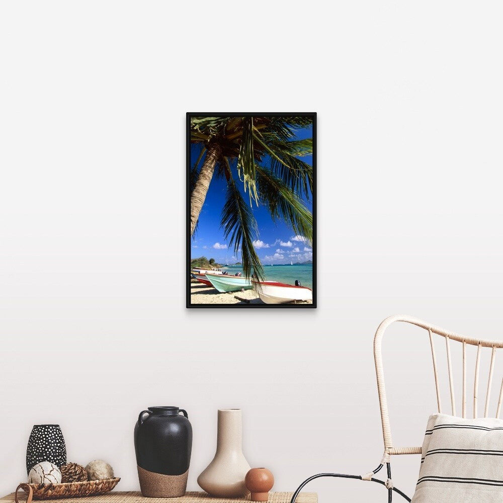 "Beached fishing boats on tropical beach" Black Float Frame Canvas Art