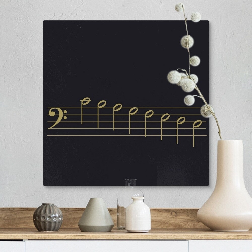 "Black and white illustration of bass clef with scale of 8 notes on stave" Canvas Wall Art