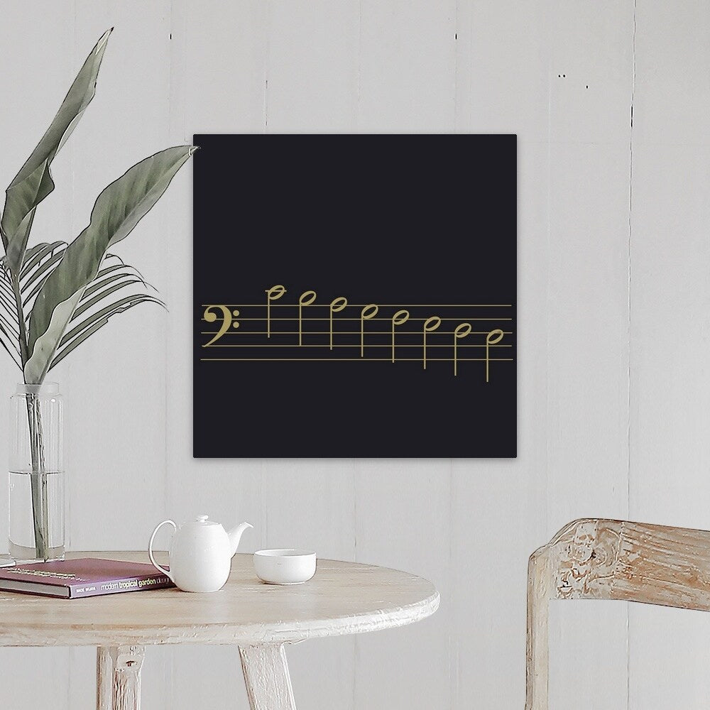 "Black and white illustration of bass clef with scale of 8 notes on stave" Canvas Wall Art