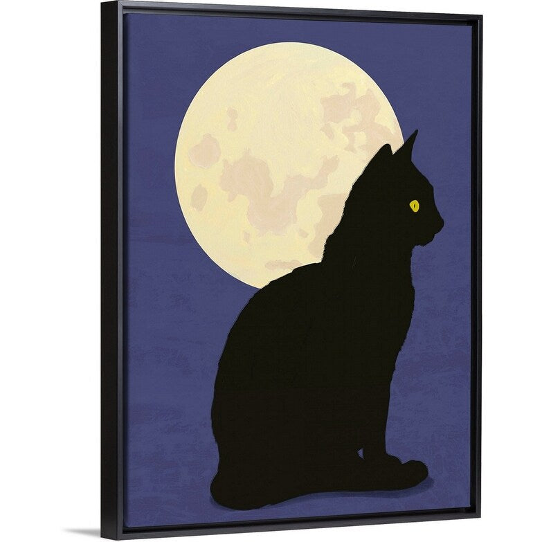 "Black cat and moon graphic hand painted illustration" Black Float Frame Canvas Art