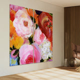 "Blossoms in Rouge & Blush" Oversized 72"x 36" Frameless Free-Floating Reverse Printed Tempered Art Glass Panels Set