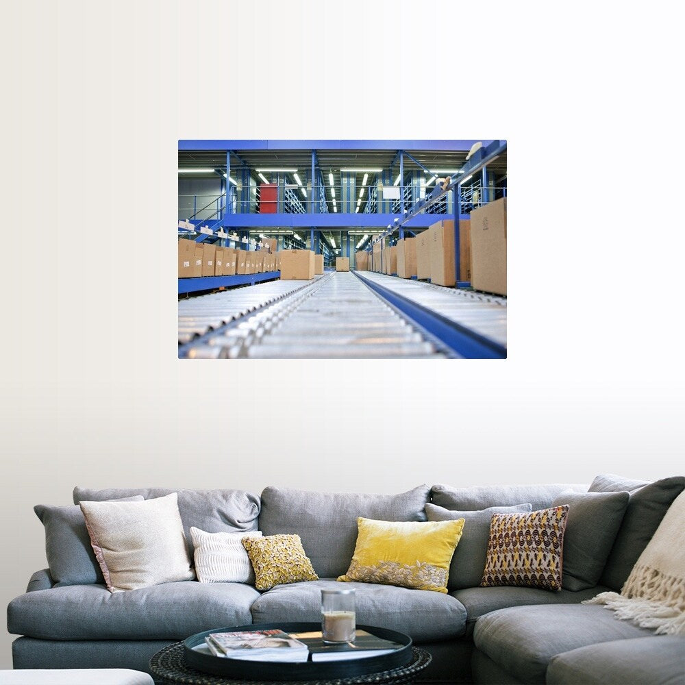 "Boxes on conveyor belts in distribution warehouse" Poster Print - Multi