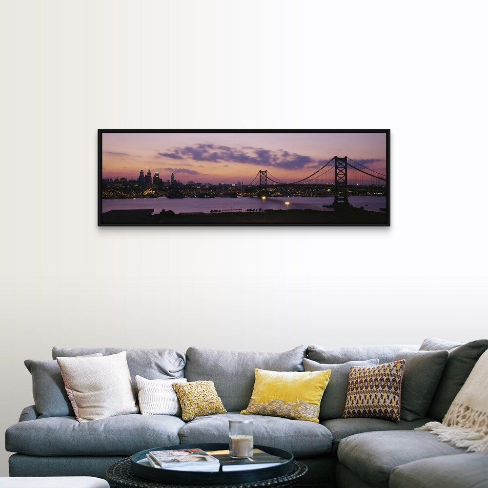"Bridge across a river, Ben Franklin Bridge, Philadelphia, Pennsylvania" Black Float Frame Canvas Art