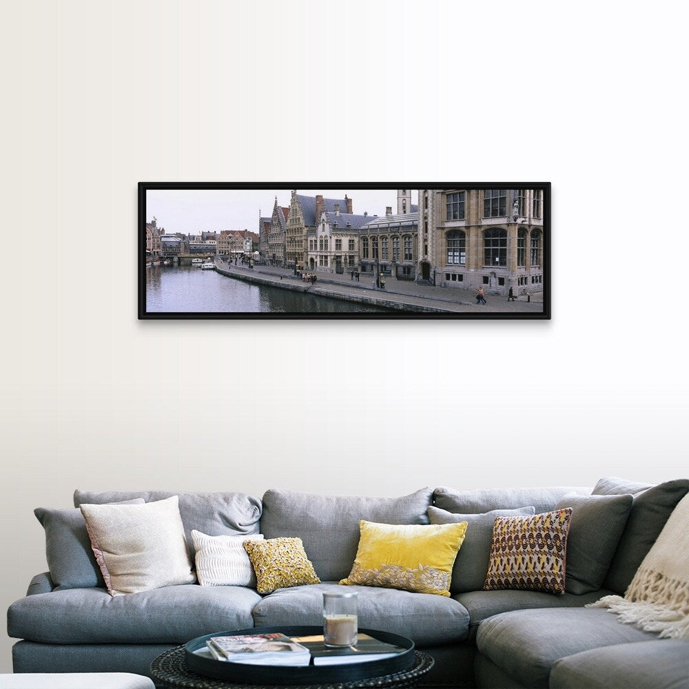"Buildings along the river, Leie River, Graslei, Ghent, Belgium" Black Float Frame Canvas Art