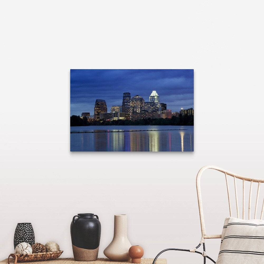 "Buildings at the waterfront lit up at dusk, Town Lake, Austin, Texas" Canvas Wall Art