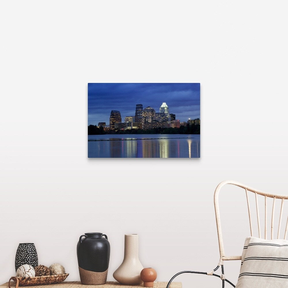 "Buildings at the waterfront lit up at dusk, Town Lake, Austin, Texas" Canvas Wall Art