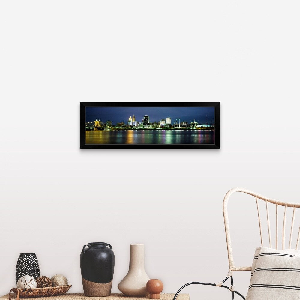 "Buildings at the waterfront lit up at night, Ohio River, Cincinnati, Ohio" Black Framed Print