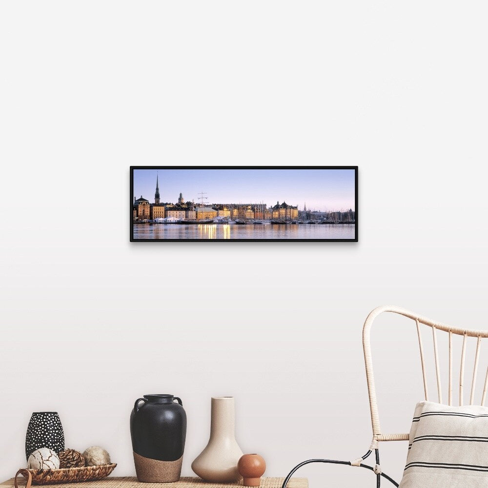 "Buildings on the waterfront, Old Town, Stockholm, Sweden" Black Float Frame Canvas Art