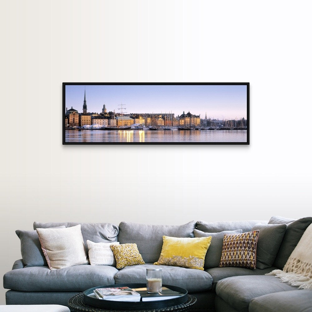 "Buildings on the waterfront, Old Town, Stockholm, Sweden" Black Float Frame Canvas Art