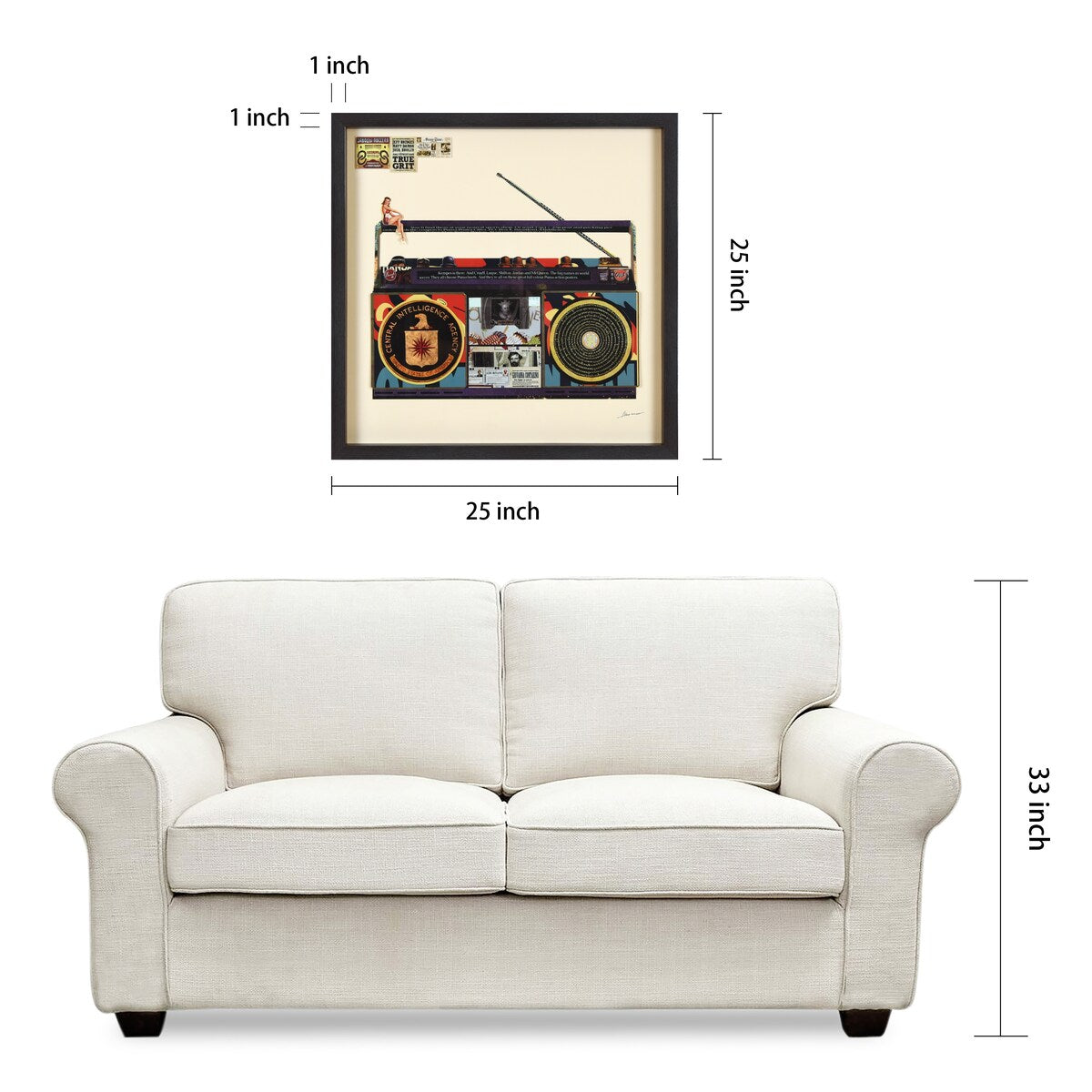 "CIA Boombox" Alex Zeng's signed Hand-made Dimensional Wall Art Collage, under glass and a black shadow box frame