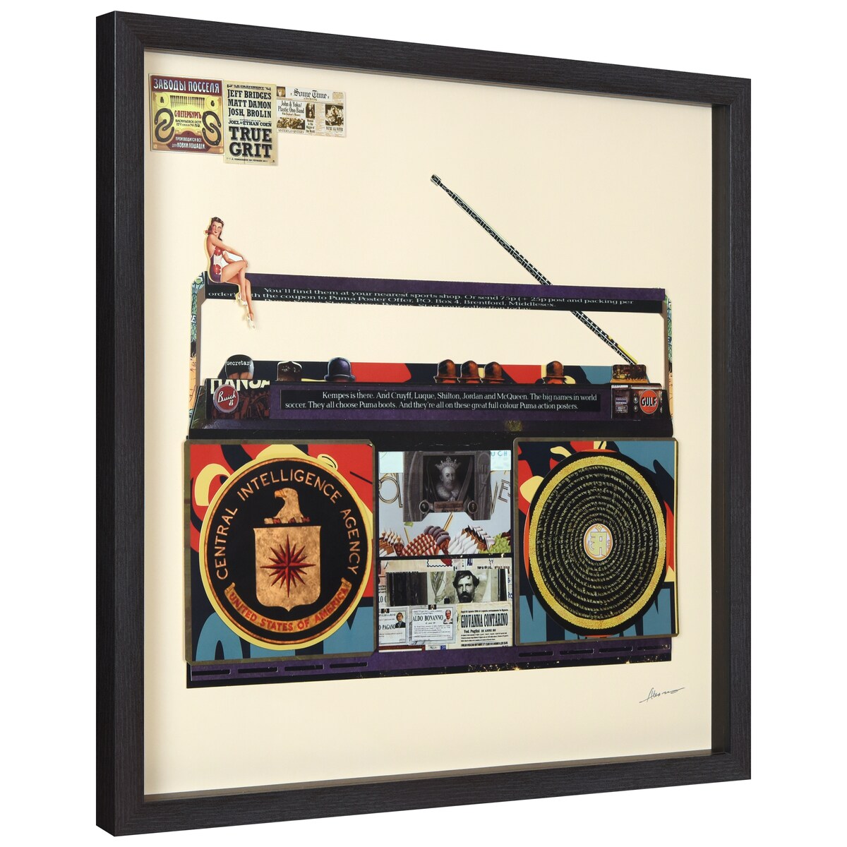 "CIA Boombox" Alex Zeng's signed Hand-made Dimensional Wall Art Collage, under glass and a black shadow box frame