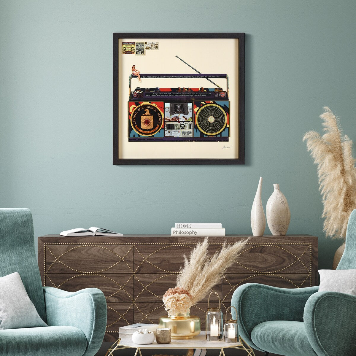 "CIA Boombox" Alex Zeng's signed Hand-made Dimensional Wall Art Collage, under glass and a black shadow box frame
