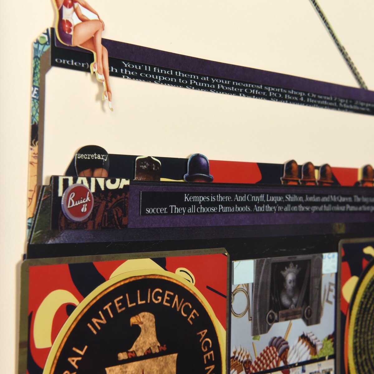 "CIA Boombox" Alex Zeng's signed Hand-made Dimensional Wall Art Collage, under glass and a black shadow box frame