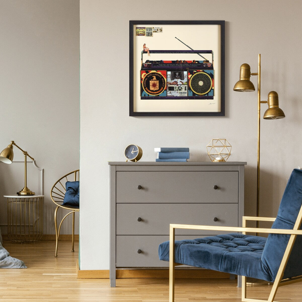 "CIA Boombox" Alex Zeng's signed Hand-made Dimensional Wall Art Collage, under glass and a black shadow box frame