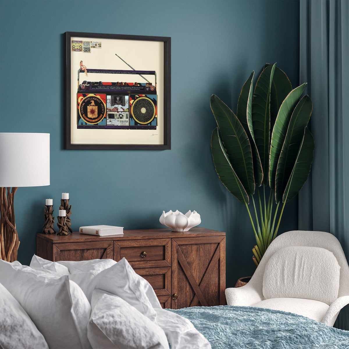 "CIA Boombox" Alex Zeng's signed Hand-made Dimensional Wall Art Collage, under glass and a black shadow box frame