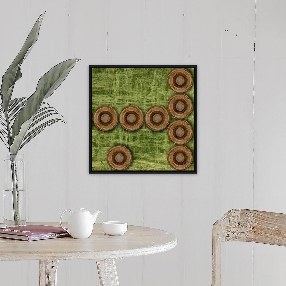 "Circles On Green Two" Black Float Frame Canvas Art