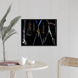 "Climbing equipment on black background" Black Float Frame Canvas Art