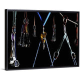 "Climbing equipment on black background" Black Float Frame Canvas Art