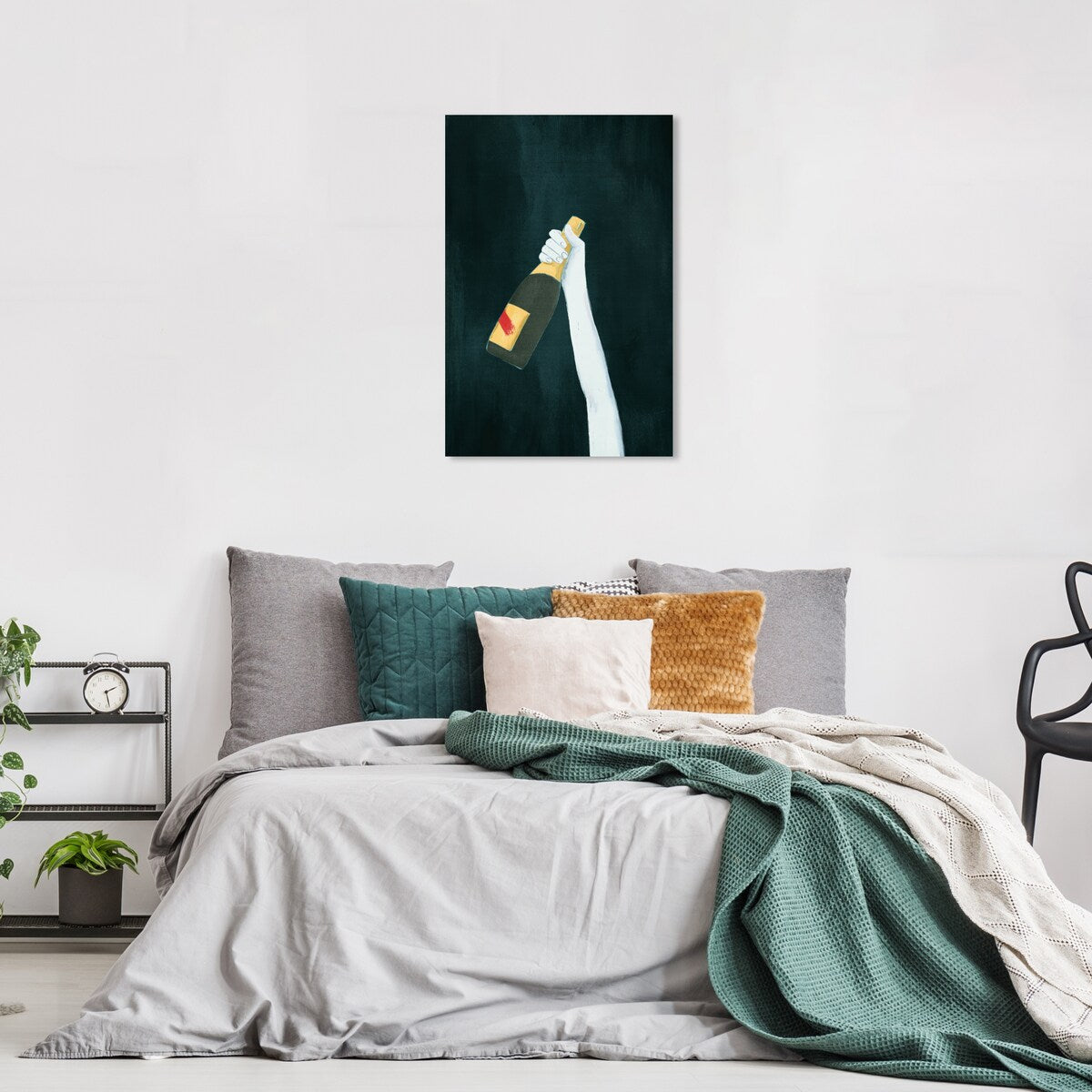 "Deep and Dark", Elegant Champagne Bottle Traditional White Canvas Wall Art Print for Dining Room