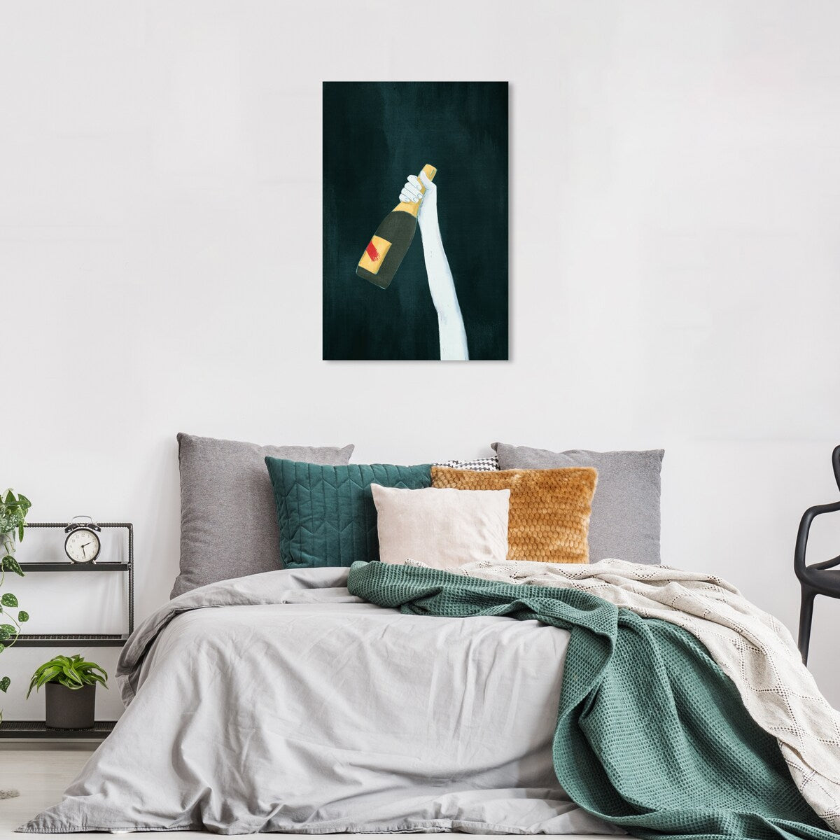 "Deep and Dark", Elegant Champagne Bottle Traditional White Canvas Wall Art Print for Dining Room