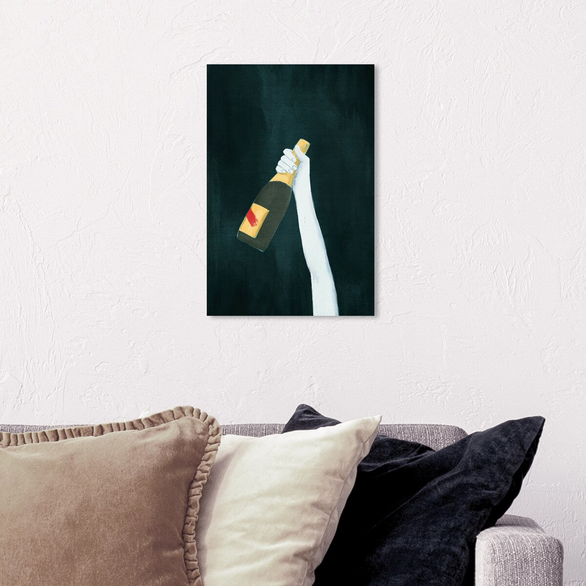 "Deep and Dark", Elegant Champagne Bottle Traditional White Canvas Wall Art Print for Dining Room