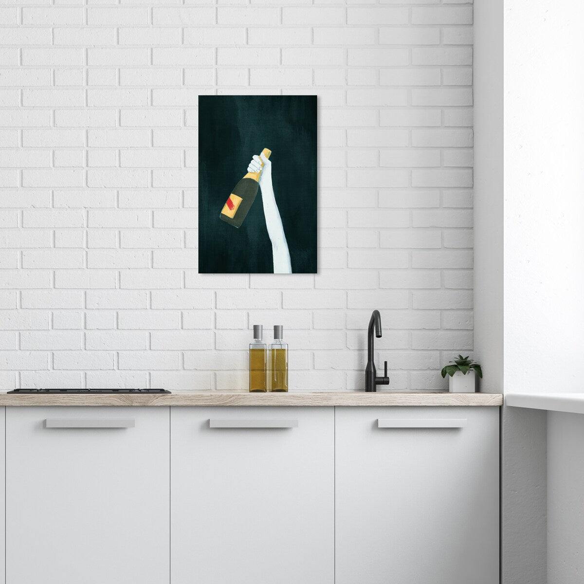 "Deep and Dark", Elegant Champagne Bottle Traditional White Canvas Wall Art Print for Dining Room