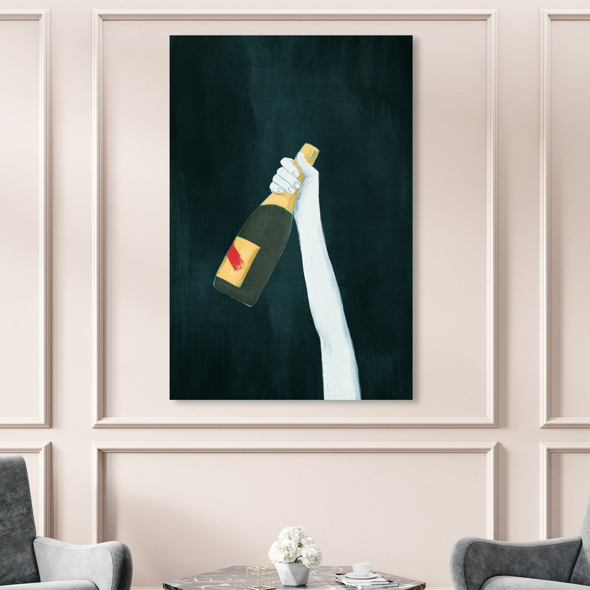 "Deep and Dark", Elegant Champagne Bottle Traditional White Canvas Wall Art Print for Dining Room